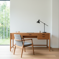 Bureau d'ordinateur en bois Addison de style mi-siècle avec cinq tiroirs, en bois massif couleur naturelle, taille personnalisable, design moderne