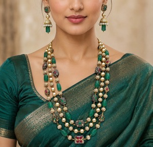 Ensemble de collier luxueux à 3 rangs en perles de jade vert avec boucles d'oreilles Jhumka plaquées or, bijoux de mariage indiens traditionnels pour mariée - Product Image 3