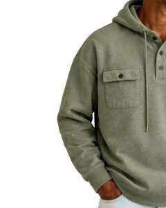 Sweat à capuche vert olive pour homme avec patte de boutonnage, double poche poitrine, style streetwear décontracté, personnalisable avec logo OEM - Product Image 3