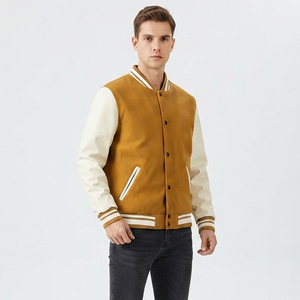 Chaqueta Varsity Personalizada al por Mayor para Hombre, Cuerpo de Lana, Mangas de Cuero PU, Chaqueta de Béisbol Letterman, Botones a Presión, Ribete Acanalado, Color Mostaza - Product Image 1