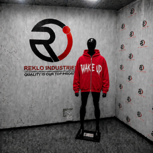 Sweat-shirt à capuche surdimensionné rouge avec fermeture éclair, imprimé graphique Wake Up, streetwear pour homme, fermeture éclair intégrale, sweat-shirt à capuche décontracté, mode urbaine, vêtements d'hiver - Product Image 3