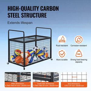 Carrello Portapalloni Sportivi in Metallo con Ruote e Chiusura, Doppio Coperchio, per Interni ed Esterni, Organizzatore per Attrezzature Sportive, Gabbia per Palloni da Basket - Product Image 5