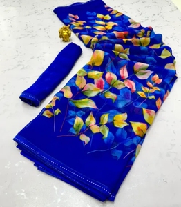 Sari traditionnel bleu en rayonne gaufrée à imprimé numérique pour femme K V INTERNATIONAL, idéal pour les mariages et les occasions festives - Product Image 4