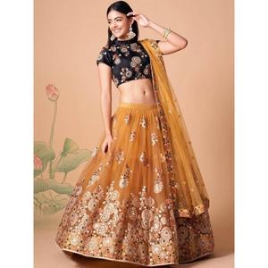 Charmante tenue de mariage en filet miroir doré Lehenga Choli - Product Image 6