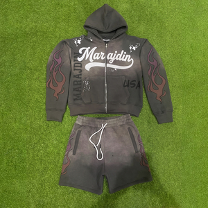 Custom <b>Flame</b> Print Acid Wash Men Zip Up Hoodie Shorts Set Heavyweight French Terry Distressed Vintage Tracksuit Gym Jogger Suit - Product Image 5