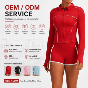 Ensemble de combinaison sportive 2 pièces pour femme, fermeture éclair sur le devant, manches longues, short cycliste, respirant, tenue de yoga, OEM ODM - Product Image 4