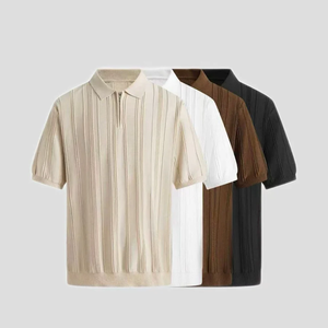 เสื้อโปโลถักไหมพรมแขนสั้นแบบซิปครึ่งตัวสำหรับผู้ชาย เสื้อคลุมบางเบา เสื้อยืดฤดูร้อน ผ้าไหมน้ำแข็ง ดีไซน์หรูหรา สีน้ำตาล - Product Image 4