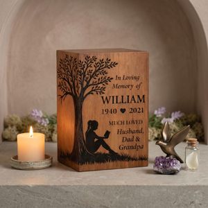 Custom Wooden <b>Memorial</b> Urn Engraved Tree Design Natural Wood Finish 200 Cubic Inch Adult Commemoration <b>Keepsake</b> Box - Product Image 2
