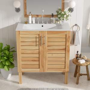Antico 30 \ "naturale marrone della metà del secolo moderno bagno mobile da bagno 2 porte con chiusura morbida grande bagno di vanità retrò - Product Image 2
