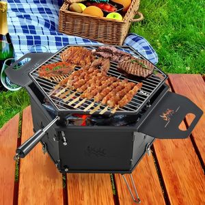 Barbecue au charbon de bois portable avec corps et pieds pliables, design rotatif avec poignées pour le camping - Product Image 1