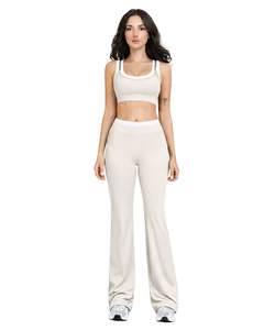 Customized Women Beige <b>White</b> Contrast Sports Bra & Flare Pants Set High Waist Stretch Yoga Fitness Gym Wear Custom OEM Wholesale - Product Image 1