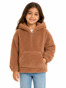 Sweat-shirt à capuche en polaire douce pour filles, style Teddy Sherpa, chaud, avec demi-zip, poche kangourou et manches longues, idéal pour l'hiver - Product Image 1