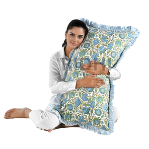 20x36 Floral Blue Green Ruffle Western Style Lumbar <b>Pillow</b> Cover Set Hand Block Print Cotton Removable Washable Zipper Closure - Product Image 1