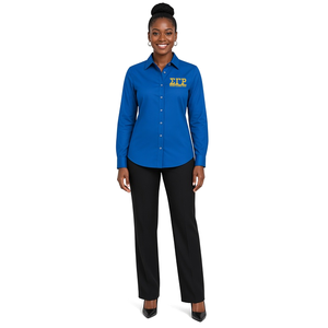 Chemise boutonnée bleu roi pour femme avec broderie de lettres grecques jaune doré, manches longues, col rabattu, chemisier décontracté et formel - Product Image 1