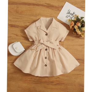 Toddler Girls Beige Button-Front Shirt Dress with <b>Waist</b> Bow & <b>Chain</b> Detail - Product Image 4