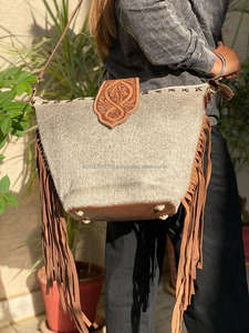 Hand Tooled Boho Style Women's Sling Bag Glitter Fur Leather Carving Tote Cute Cotton Logo Bohemian Fringe Leather Handbag - Product Image 2