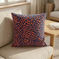 Housse de coussin en velours orange corail, textiles de maison, avec imprimé léopard bleu marine, coussin décoratif pour canapé