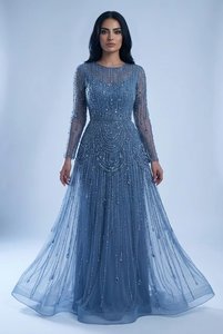 Robe de soirée sirène moulante en maille à sequins géométriques bronze, col montant, manches longues, robe de bal de luxe pour soirée formelle - Product Image 2