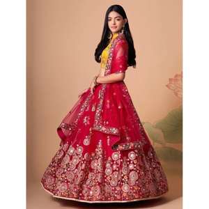 Prodigioso Hot Pink Mirror Work Net Ropa DE BODA Lehenga Choli - Product Image 6