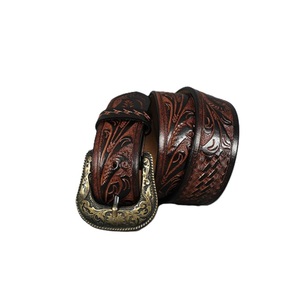 Export Quality Hand Craved Floral Engraved Unisex Full Grain Western <b>Leather</b> <b>Tooling</b> Belt Designer Antique Brass Cowboy Buckle - Product Image 3
