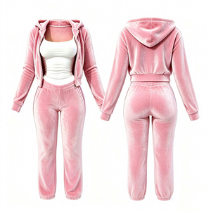 Top Quality Wholesale <b>Women</b> Yellow <b>Velour</b> Hooded Zip Up <b>Tracksuit</b> Set Long Sleeve Calf Length Pants Two Piece Outfit - Product Image 2