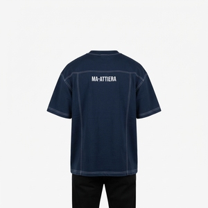 Camiseta de Hombre Azul Marino con Costuras en Contraste, Cuello Redondo, Manga Corta, Corte Holgado, Estilo Casual Urbano - Product Image 4