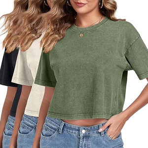 Crop top délavé à l'acide pour femme, t-shirt court vintage, vente en gros, t-shirts à col rond délavés aux minéraux, hauts oversize usés et déchirés - Product Image 5