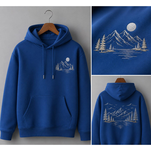 Sweat-shirt à capuche bleu pour homme, broderie paysage montagneux, décontracté, coupe classique, en coton tricoté, avec poche avant - Product Image 2