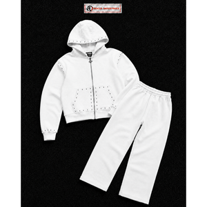 Conjunto de chándal blanco con tachuelas para hombre, sudadera con capucha y pantalones con cremallera completa, ropa casual de calle, traje de jogging, ropa deportiva premium personalizada al por mayor. - Product Image 5