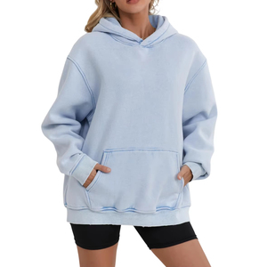 Sudadera con Capucha para Mujer, Hombros Caídos, Color Sólido, Felpa de Algodón, con Bolsillos, Corte Regular, Estilo Casual Urbano, Lavado Ácido - Product Image 5