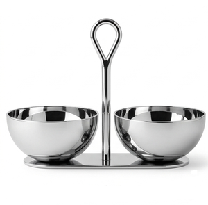 Stainless Steel 2 Bowl Serving <b>Stand</b> with Handle Polished Metal Snack Nut Candy Dish - Product Image 1