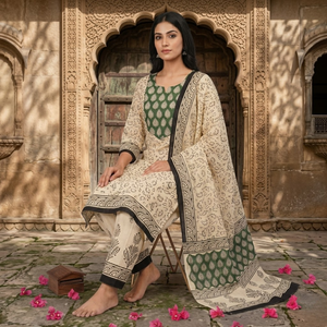 Traje Punjabi Floral Verde Crema Premium |   Conjunto de Pijama Kurti de Algodón Hecho a Mano con Borde |   Vestido Sarong Indio Profesional - Product Image 6