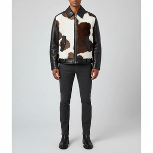 Chaqueta Bomber de Cuero Genuino para Hombre con Parches de Piel de Vaca, Cuello Camisero, Cierre de Cremallera, Estilo Motociclista, Corte Ajustado para Invierno - Product Image 2