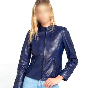 Women's Genuine Leather Moto Jacket Stand Collar Full Sleeve <b>Zipper</b> Closure Blue Solid Color Autumn Wear - Product Image 2