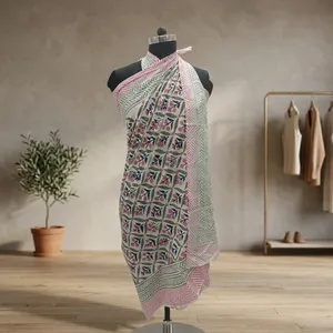 Pink Green Floral Hand Block Printed Cotton <b>Sarong</b> Scarf with Geometric Border Lightweight Beach Wrap Stole for Women - Product Image 1