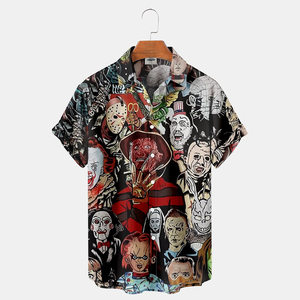 Chemise à manches courtes avec imprimé de personnages de films d'horreur multicolores, haut décontracté en coton pour Halloween - Product Image 1
