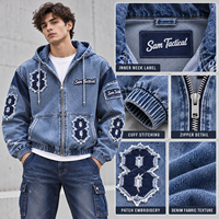 Veste en jean bleue à capuche pour homme Sam Tactical, fermeture éclair, appliques, streetwear, manteau d'automne, prix bas, personnalisation en gros