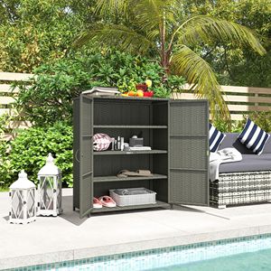 Armadietto Portasciugamani da Esterno in Rattan Grigio Scuro per Giardino e Bordo Piscina con 4 Ripiani e 2 Ante - Product Image 2