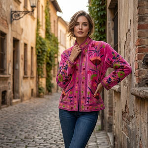 Blouson bomber en velours rose brodé |   Vêtement décontracté pour femme à col montant, motif floral brodé, chef-d'œuvre artisanal, doublure en coton - Product Image 2