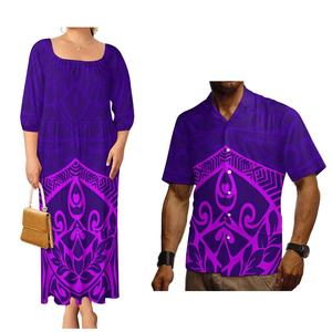 Venta al por mayor, 1 MOQ, Blusa blanca holgada para caballero y Vestido midi elegante y moderno con volantes para mujer, Traje de pareja polinesio - Product Image 2