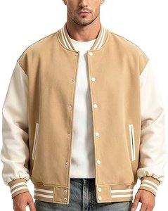 Chaqueta Varsity para Hombre en Color Bronceado y Crema con Ribete Blanco, Estilo Casual, Cierre de Botones, Material de Poliéster y Algodón, Cuello Camisero - Product Image 1