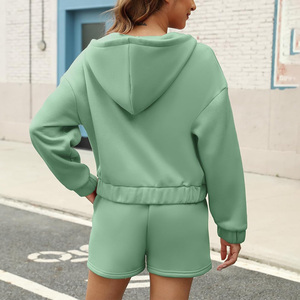 Conjunto de Sudadera con Capucha y Pantalones Cortos para Mujer, Color Sólido, Tejido de Algodón, Informal, de Dos Piezas, para Verano - Product Image 3