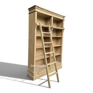 Vintage Solid Wood Library Bookcase with <b>Sliding</b> <b>Ladder</b> Large Storage Display Cabinet Mindy Wood Made in Indonesia - Product Image 2