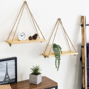 Wood Glossy Wall Mount Rope Hanging Shelves for Home Office and Room Wall Decor Items