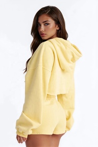 Conjunto de Sudadera Corta para Mujer, Color Sólido, Forro Polar, Cierre de Cremallera, Cordón Ajustable, Estilo Casual Otoñal, Hombros Caídos, Manga Larga - Product Image 2
