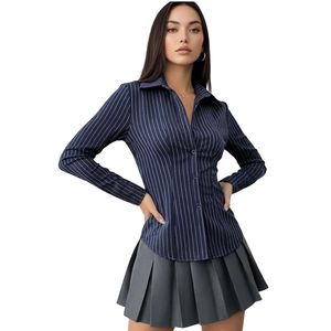 Camisa de Manga Larga a Rayas para Mujer, Cuello Clásico con Botones, Corte Regular, Blusa de Popelina, Ropa de Oficina - Product Image 1