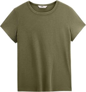 T-shirt à manches courtes col rond vert olive pour femme, couleur unie, coupe classique, 100% coton jersey, style décontracté, respirant - Product Image 2