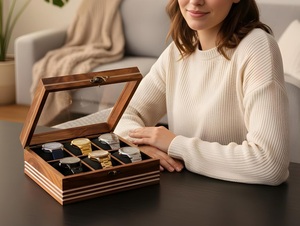 Vintage Wooden Watch Display <b>Box</b> with 12 Slots Rosewood <b>Storage</b> Case Latch Velvet Lining Jewelry Watch Display Case - Product Image 4