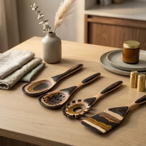 Ensemble d'ustensiles à salade en bois de haute qualité avec cuillères et spatules, écologiques, ustensiles de cuisine manuels - Product Image 2