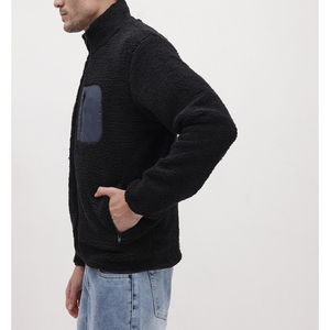 Men's Black Sherpa Fleece Jacket Stand Collar Zipper Closure Windproof Winter Casual Outerwear Thick Polyester <b>Wadding</b> - Product Image 1